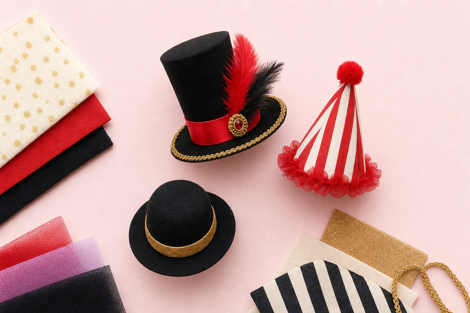 Three handmade circus-inspired mini hats with red, black, gold, and striped details beside coordinating fabric