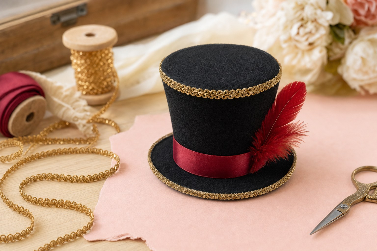 Handmade black mini ringmaster hat with red ribbon and gold trim on a maker's table