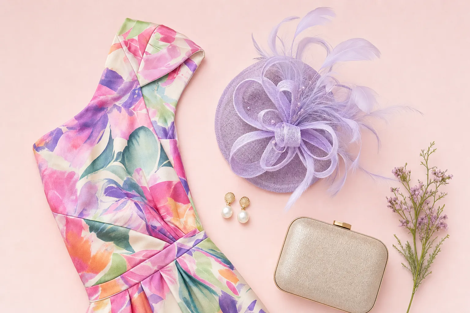 Lavender fascinator arranged with a floral dress, earrings, and clutch