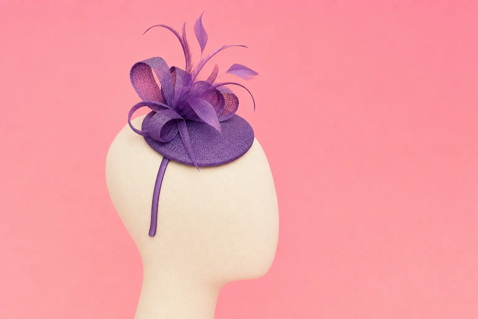 Purple fascinator set at an angle on a cream mannequin head