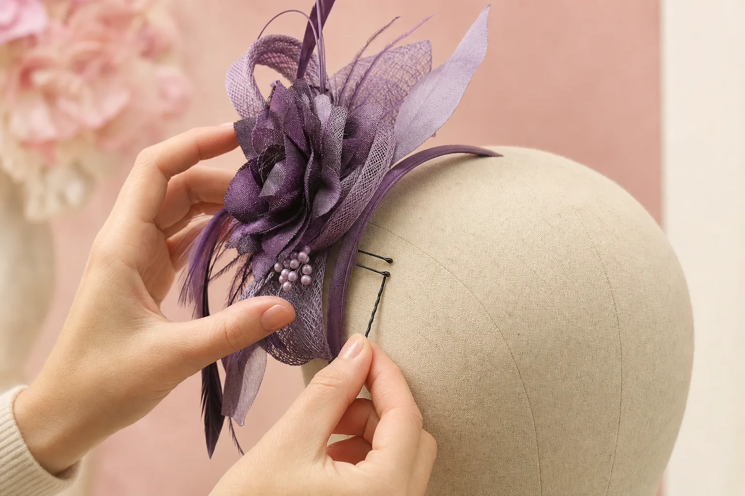 Hands securing a purple fascinator headband with a bobby pin