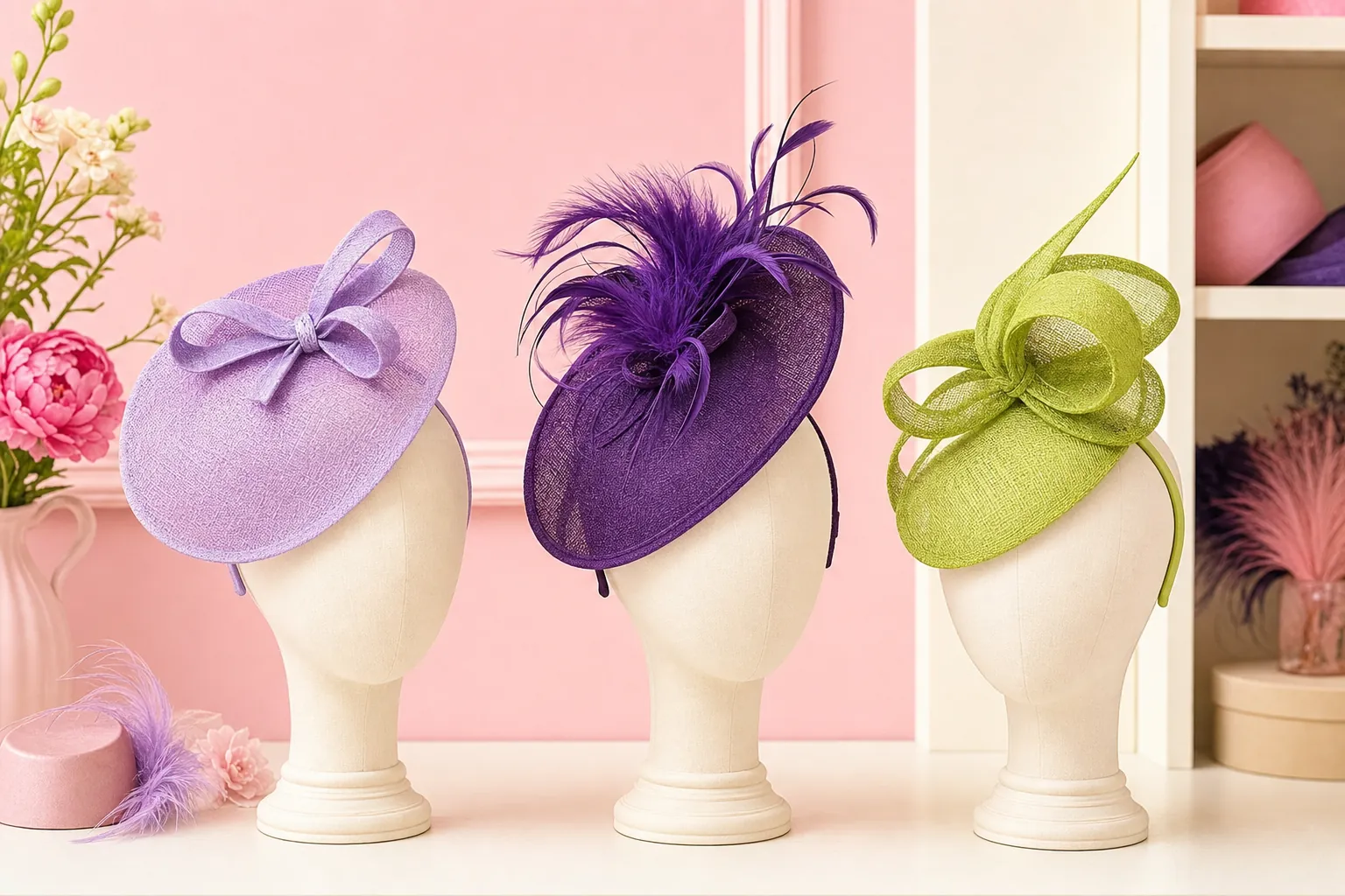 Three colorful handmade fascinators displayed on mannequin heads