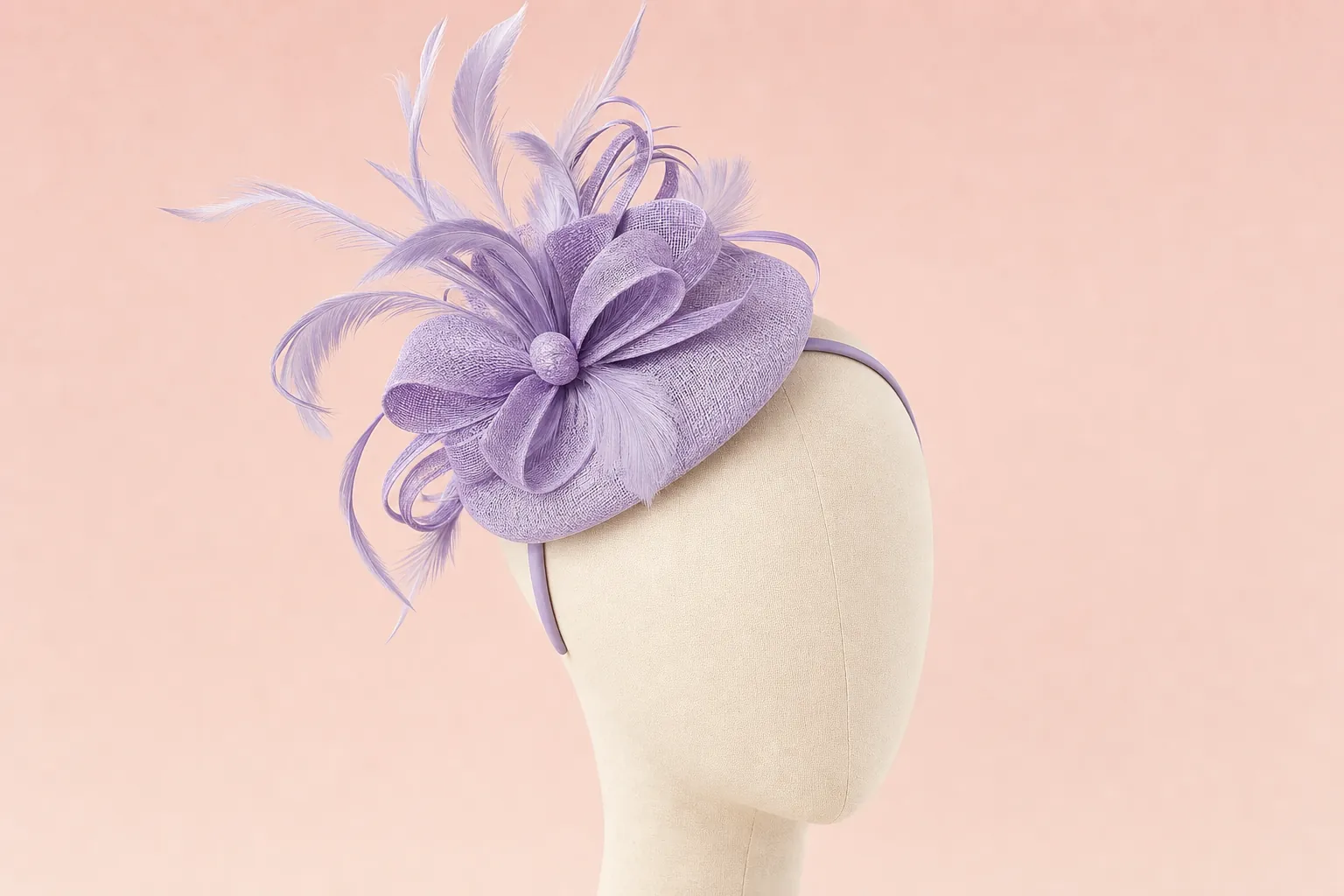 Lavender fascinator placed on a cream mannequin head