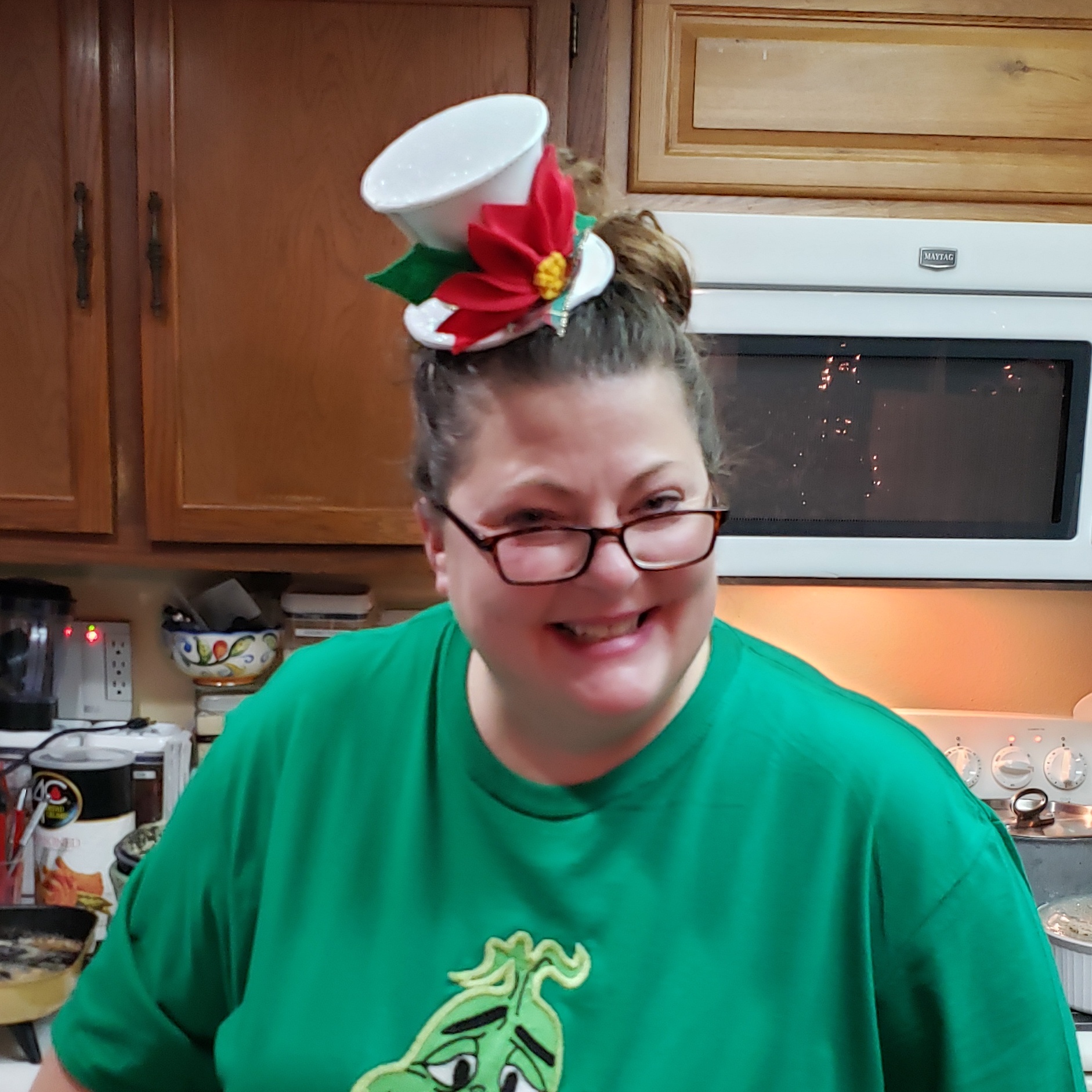 Shellie wearing a festive miniature hat
