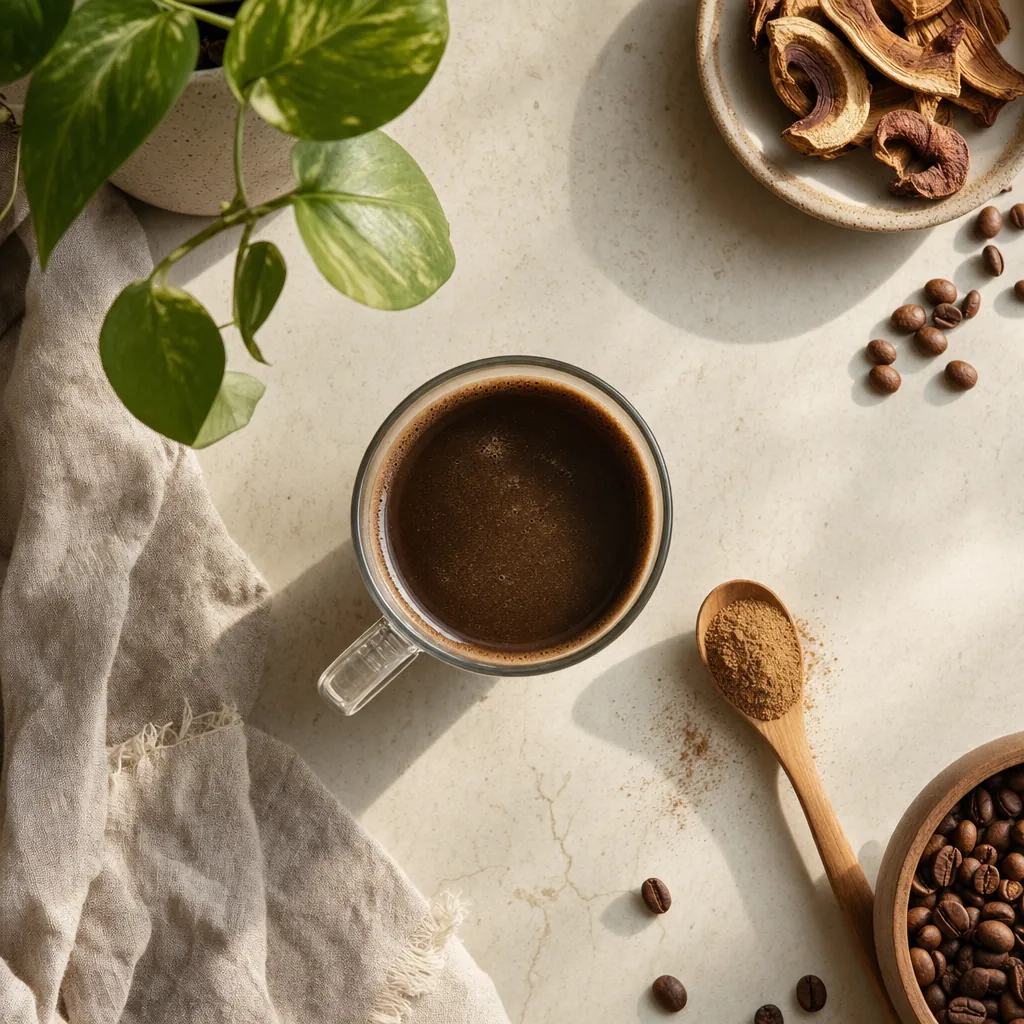 Freshly made mushroom coffee beside coffee beans, mushroom powder, and dried reishi