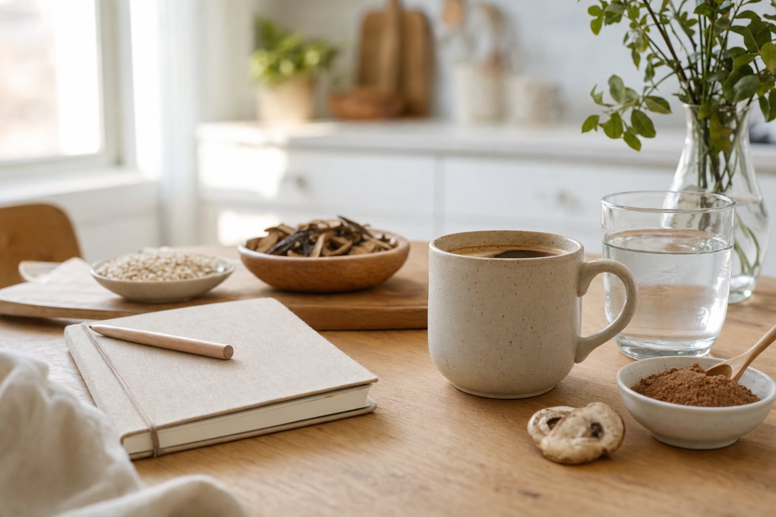 Coffee, a notebook, water, and mushroom ingredients on a bright kitchen table