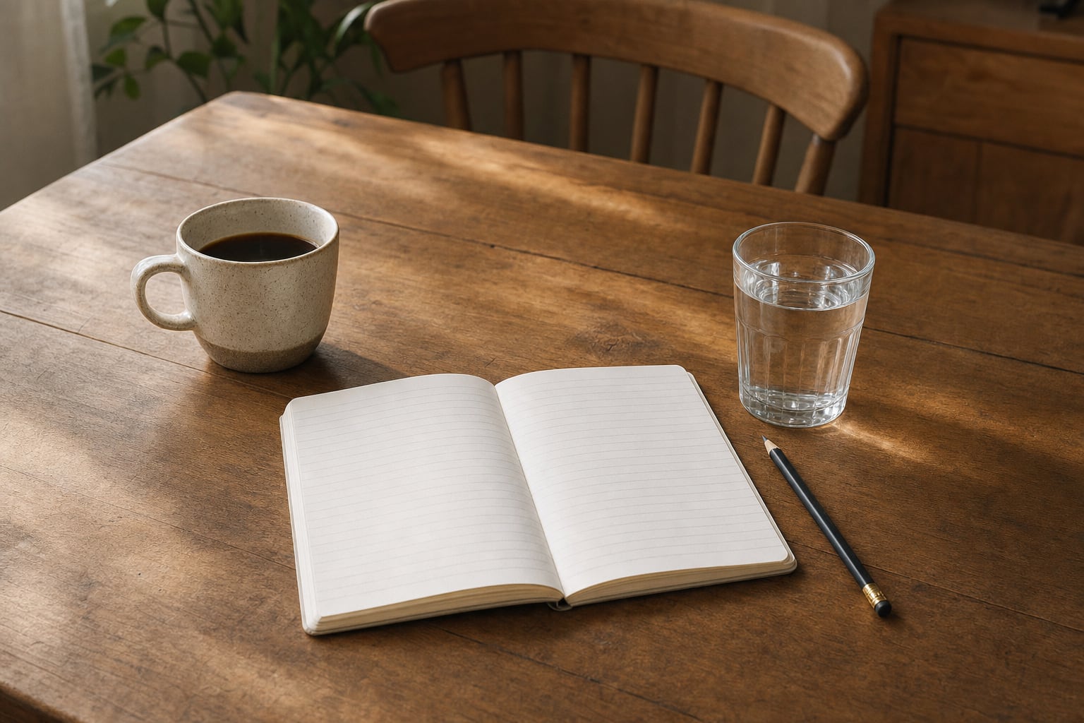 Coffee, a blank notebook, pencil, and water on a wooden table