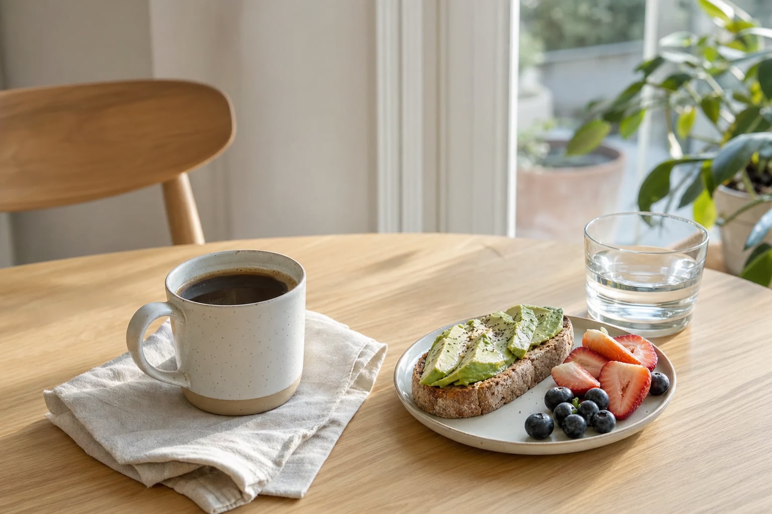 Coffee, water, avocado toast, and fruit on a sunlit breakfast table
