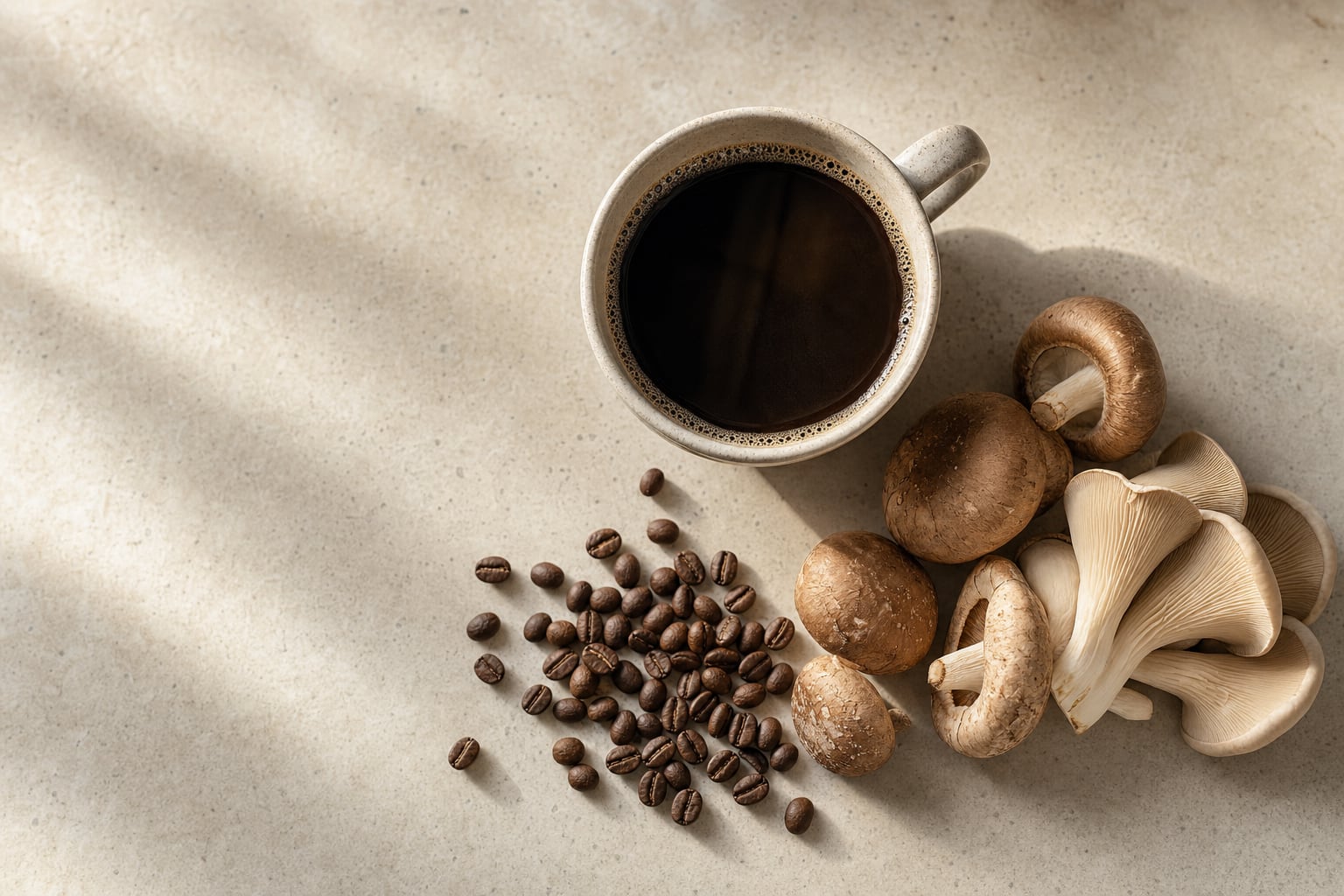 Black coffee with coffee beans and mushrooms on a stone surface