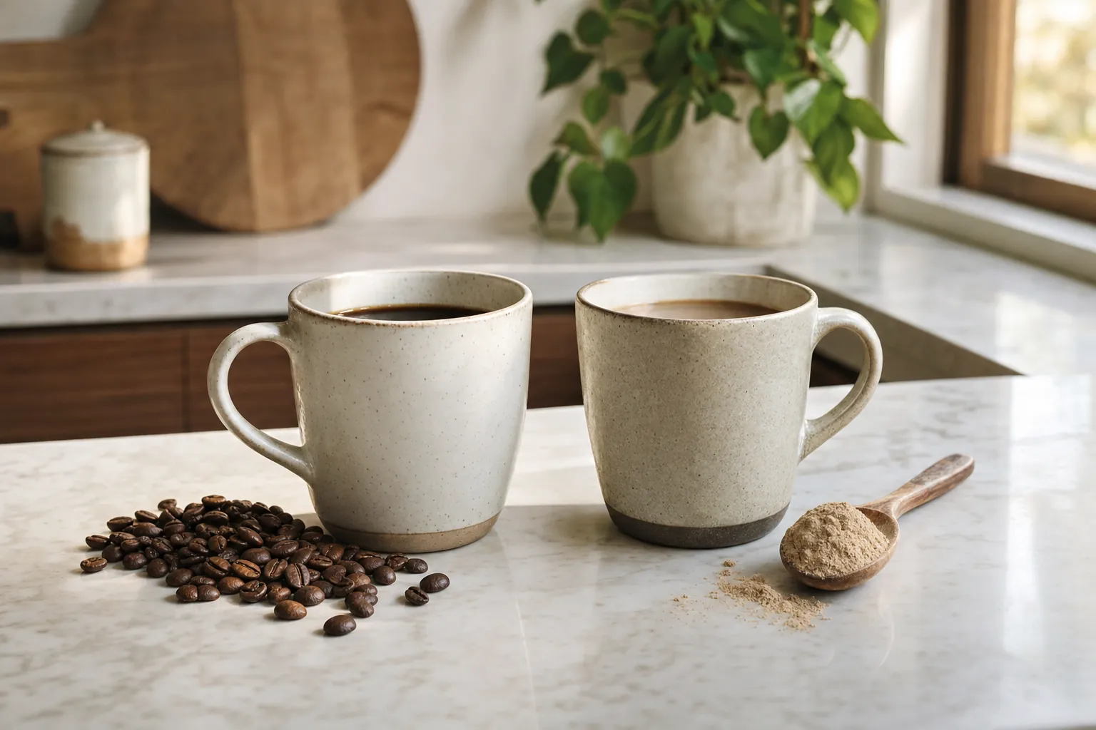 Two unbranded cups of coffee with coffee beans and mushroom powder on a kitchen counter