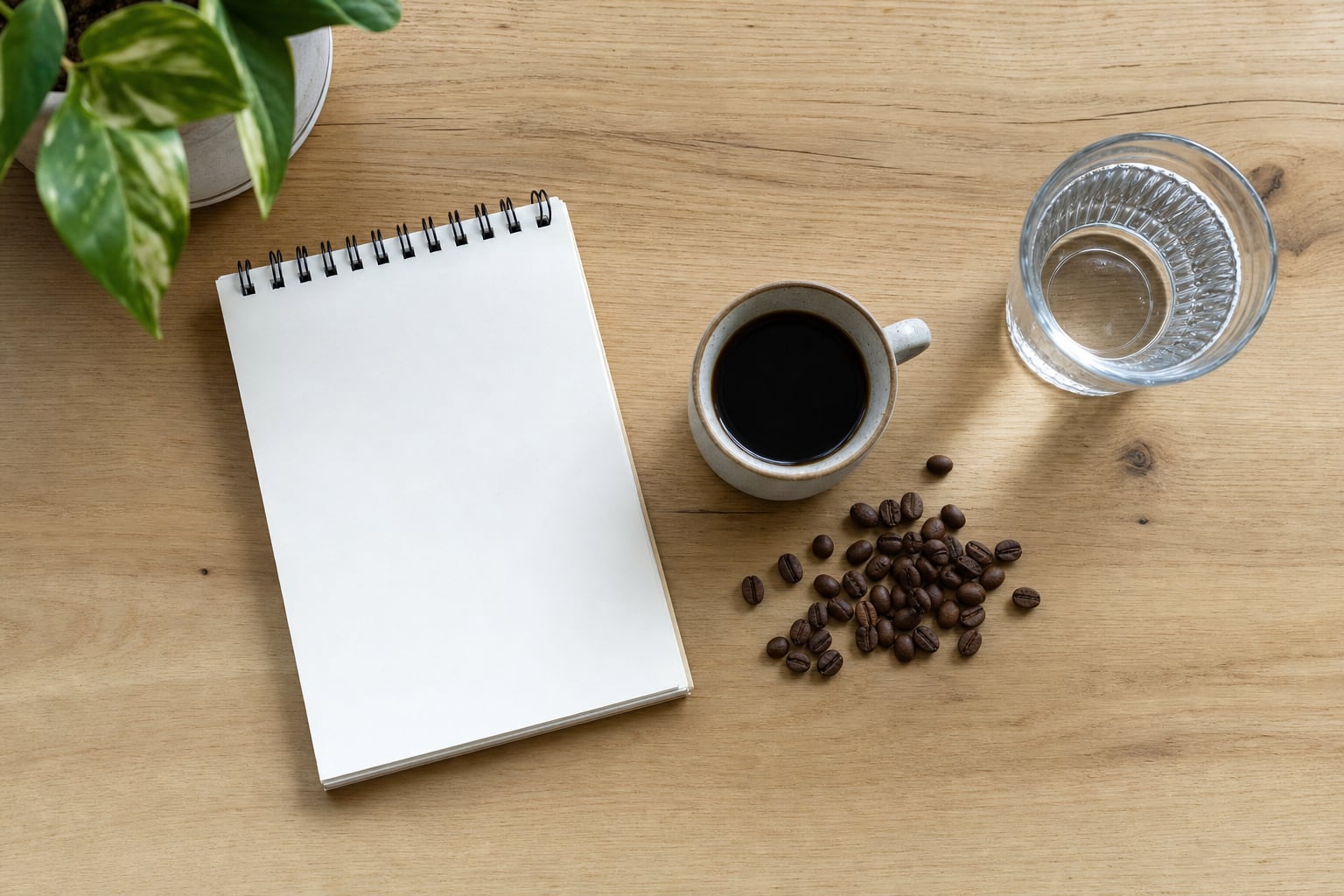 Coffee cup, water, notebook, and coffee beans on a table
