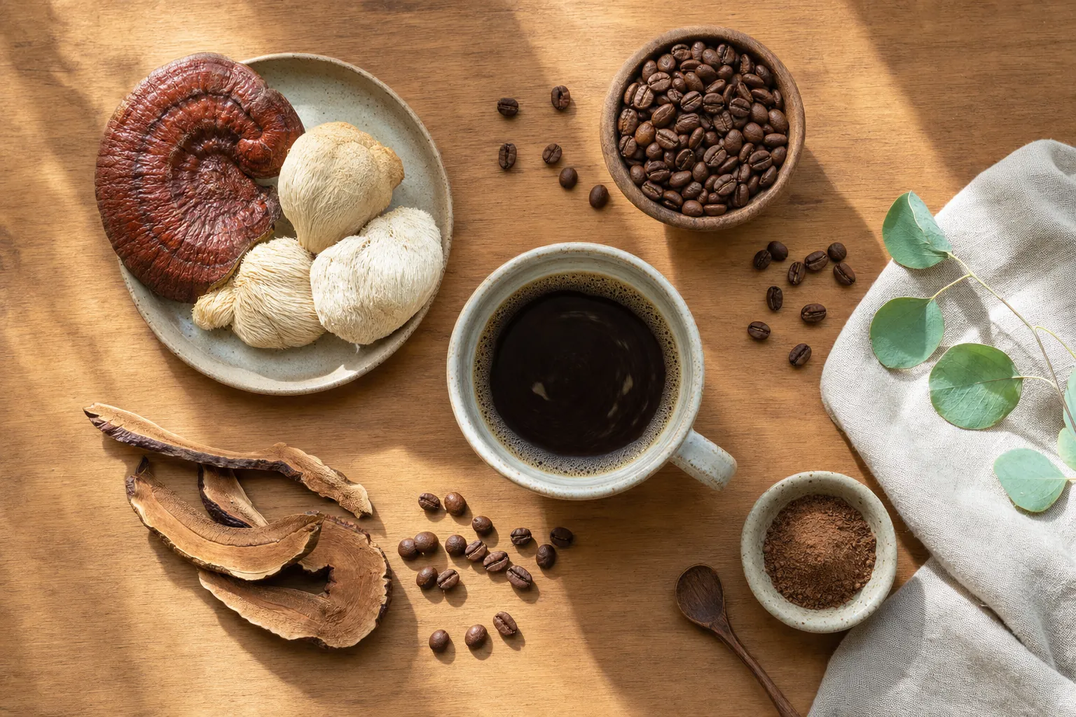 Cup of black coffee with coffee beans, dried reishi, lion's mane mushrooms, and mushroom powder on a wood table