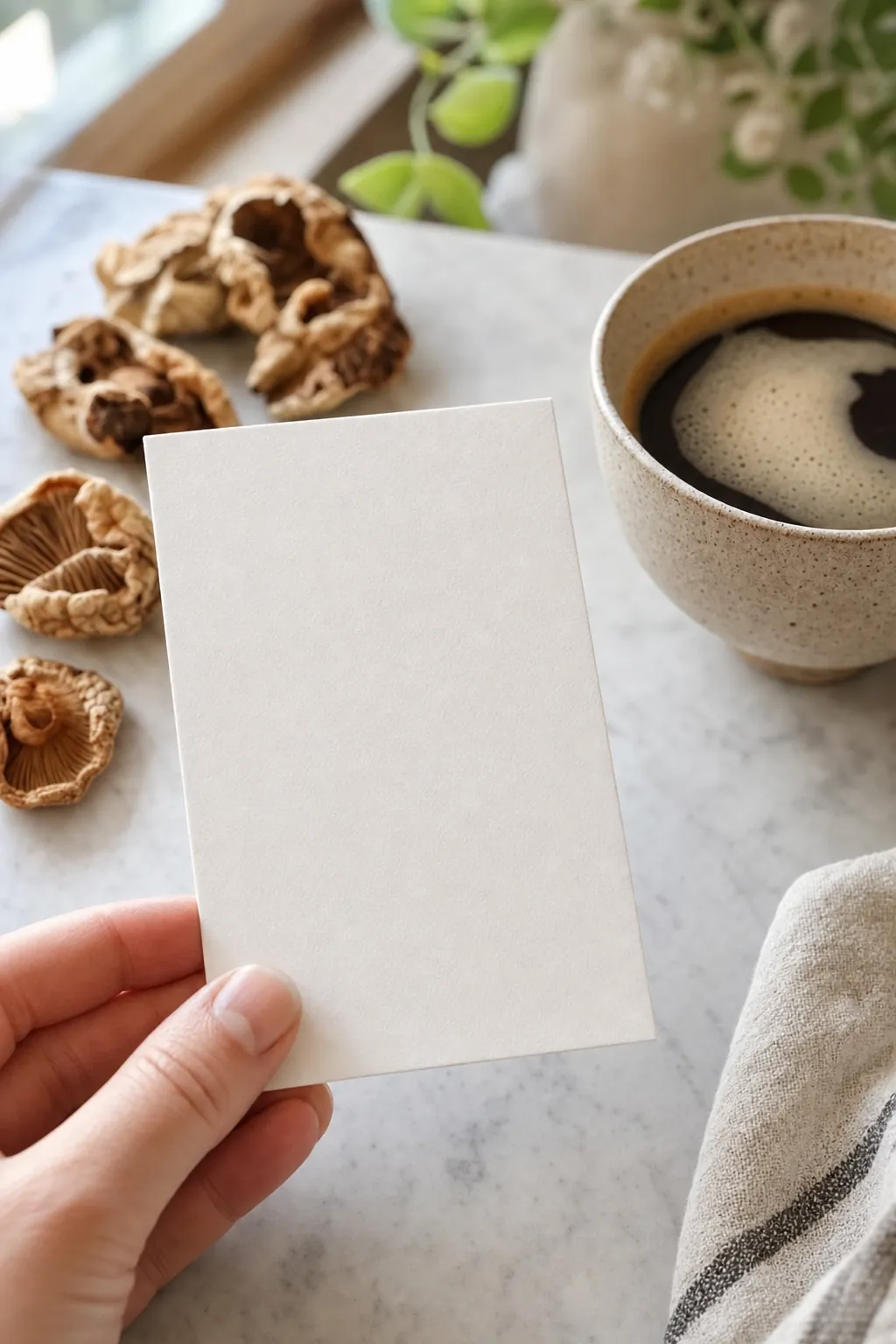 Person holding a blank ingredient card beside a cup of coffee and dried mushrooms