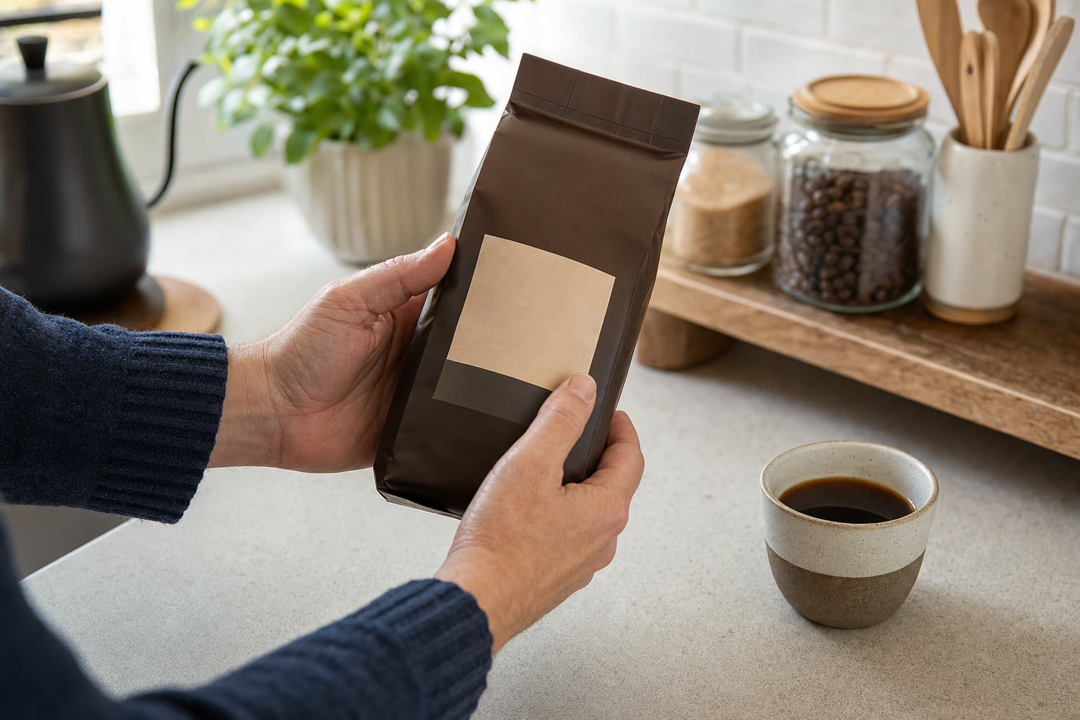 Person holding an unbranded coffee package beside a cup of black coffee
