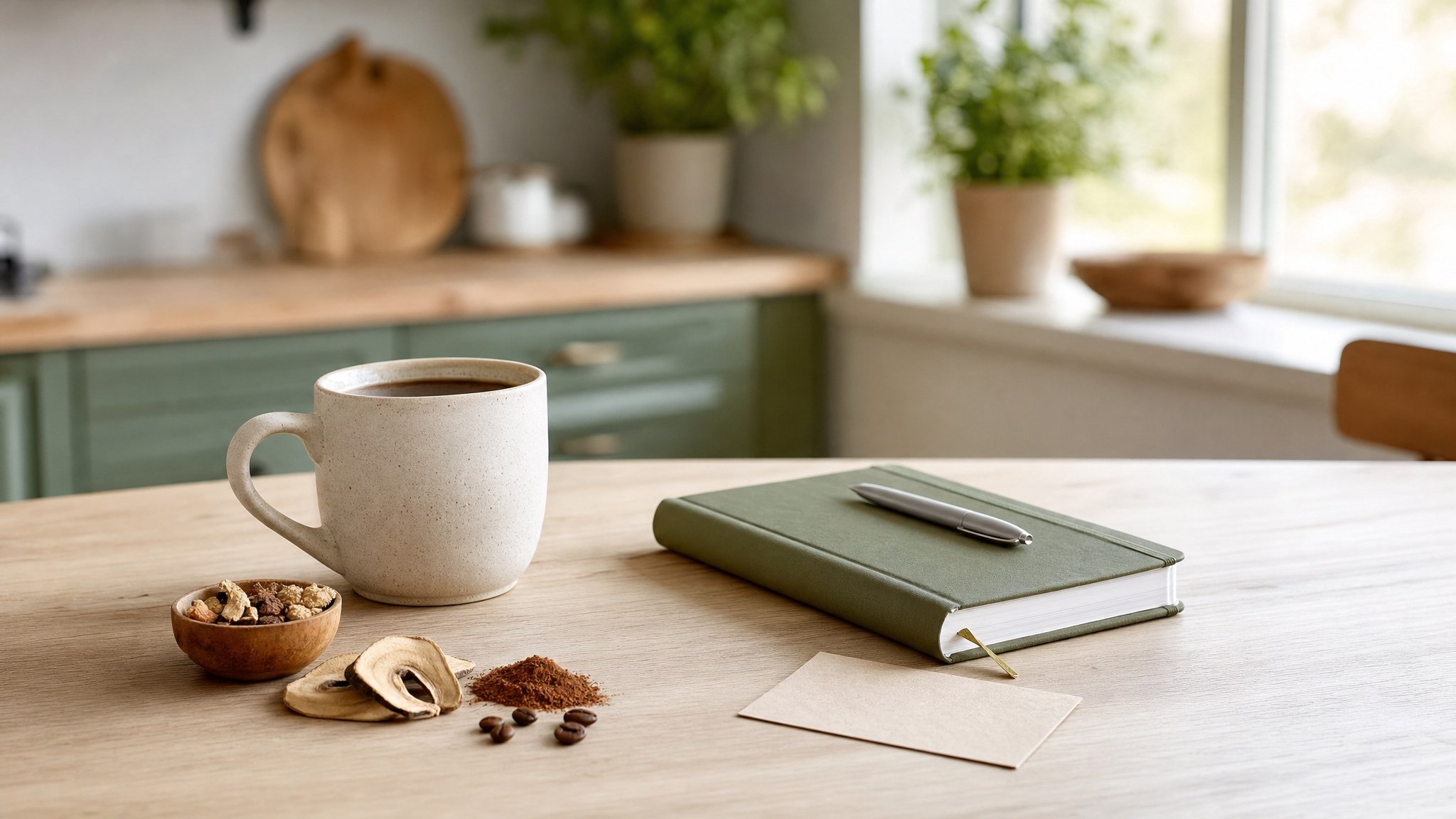 Coffee, notebook, and mushroom ingredients on a kitchen table