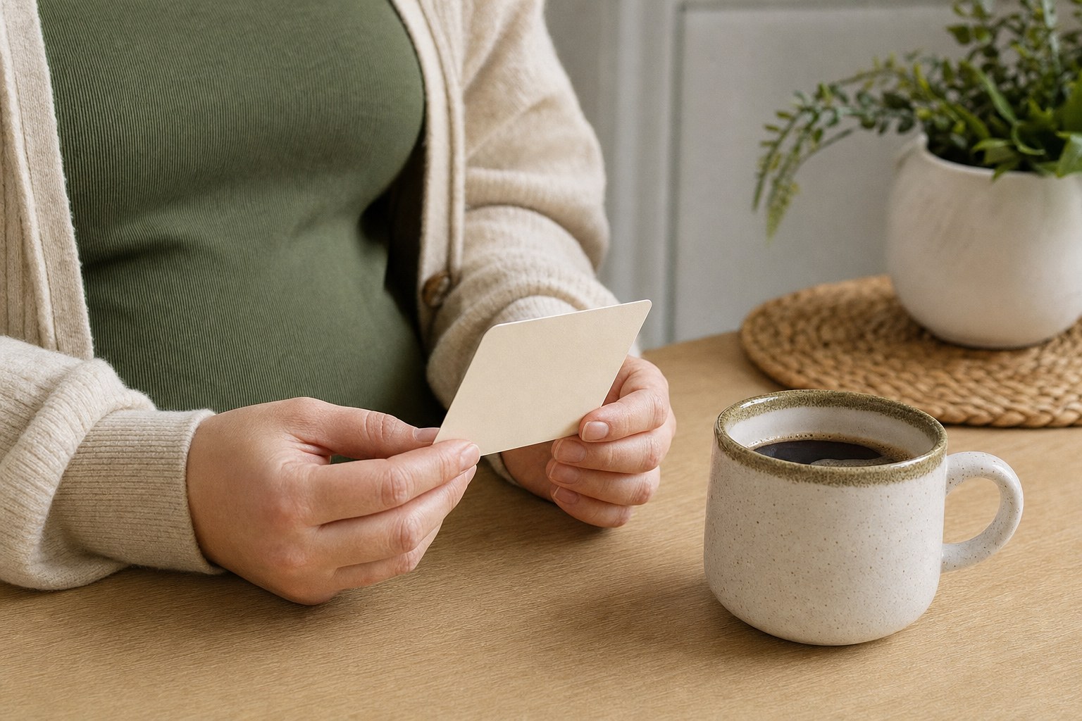 Person holding an unbranded label card beside a cup of coffee