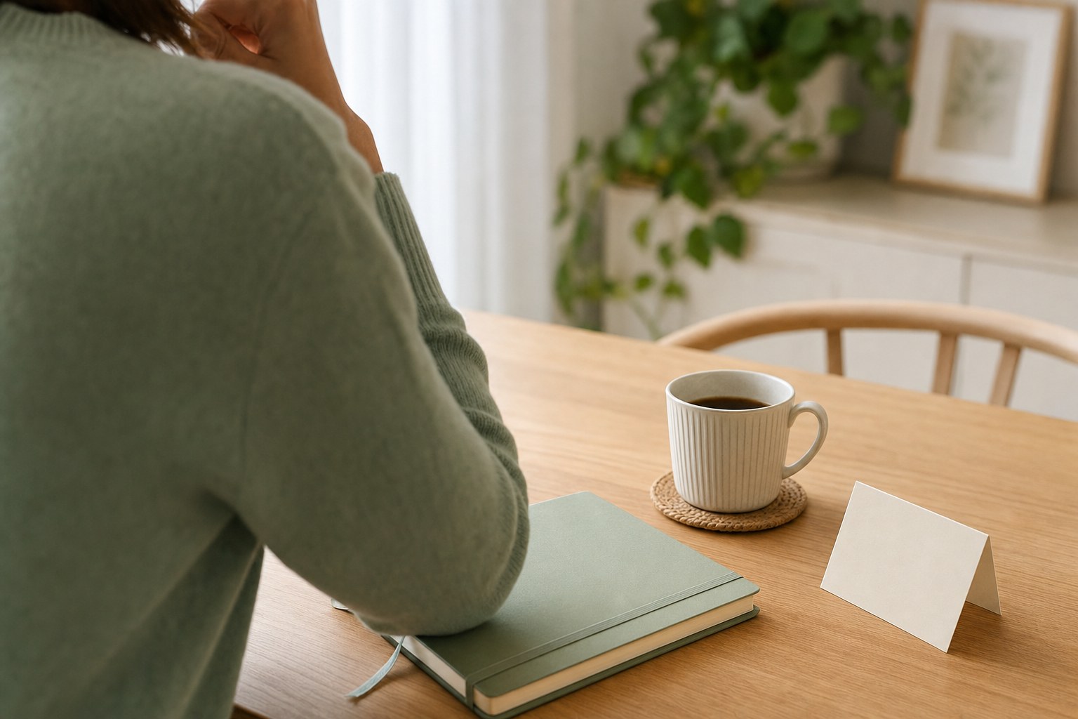 Person at a table with a notebook, coffee, and appointment card