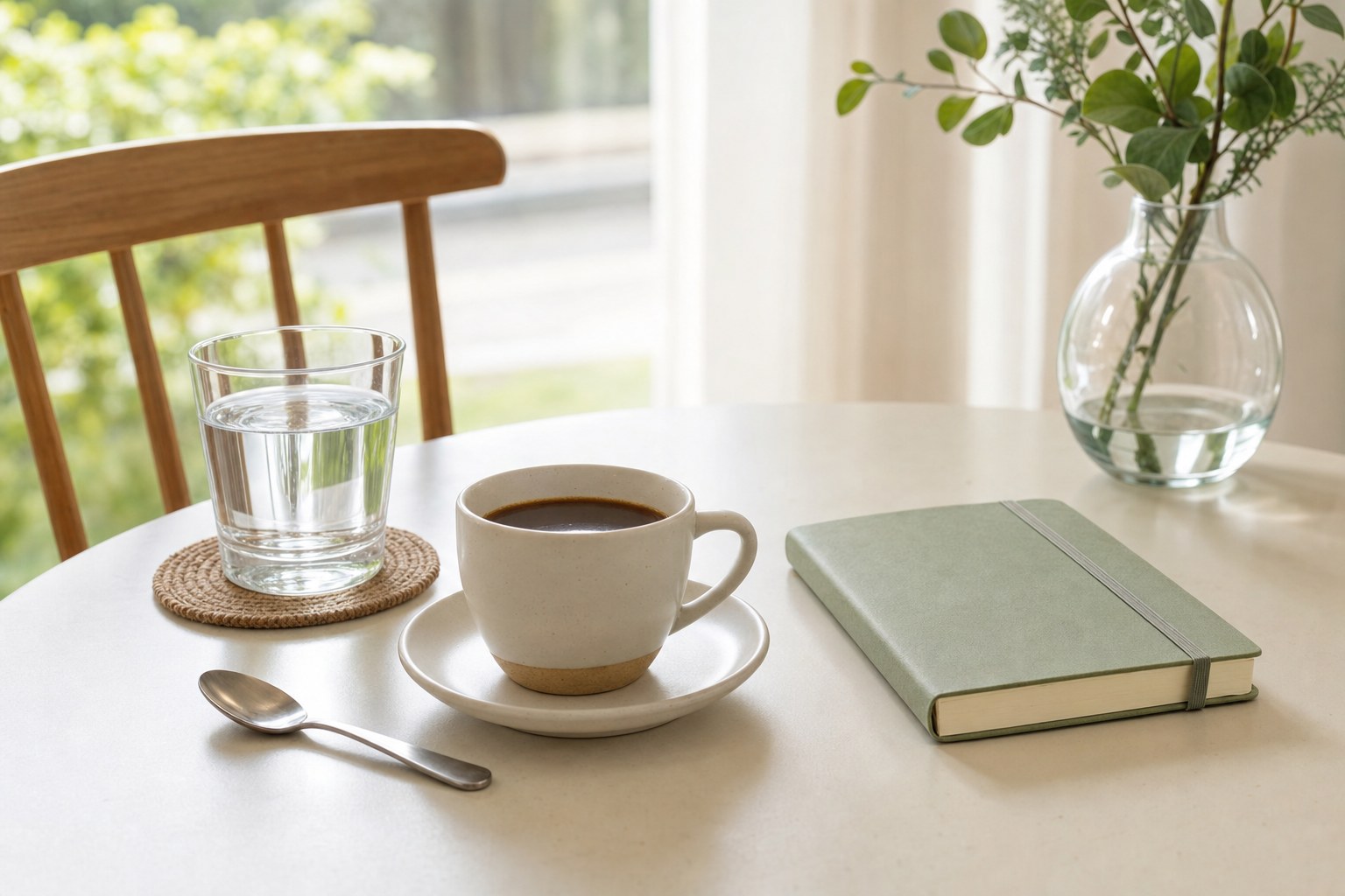 Coffee cup, water glass, and notebook on a breakfast table