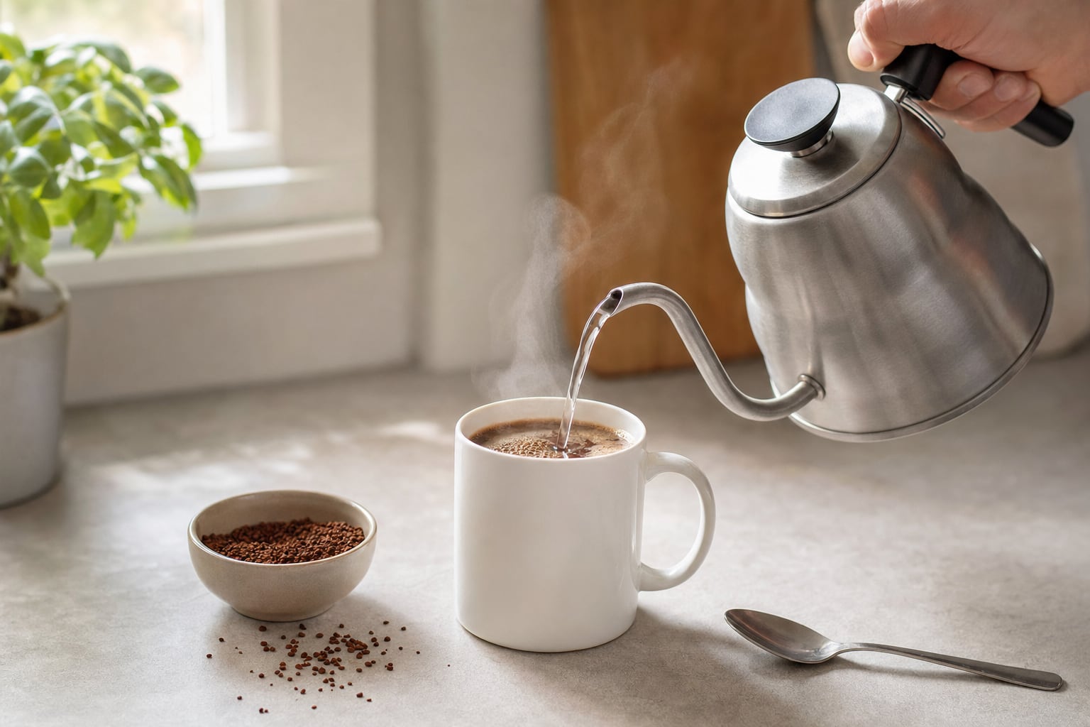 Hot water being poured into a cup of coffee on a kitchen counter