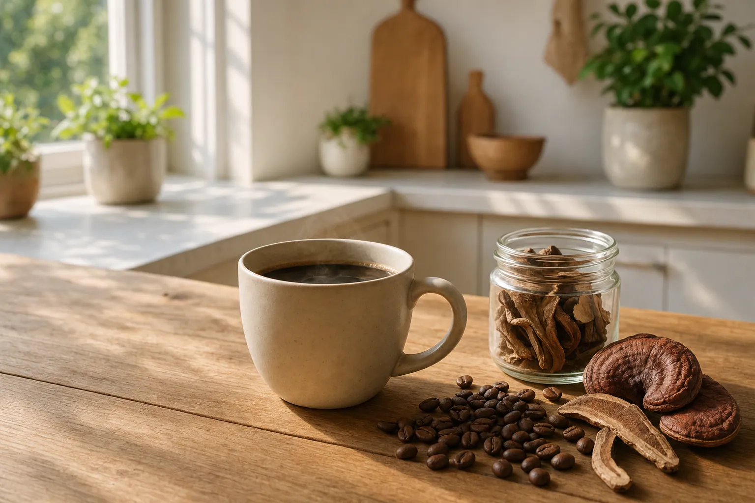 Black coffee beside coffee beans and dried Reishi mushrooms on a wooden table