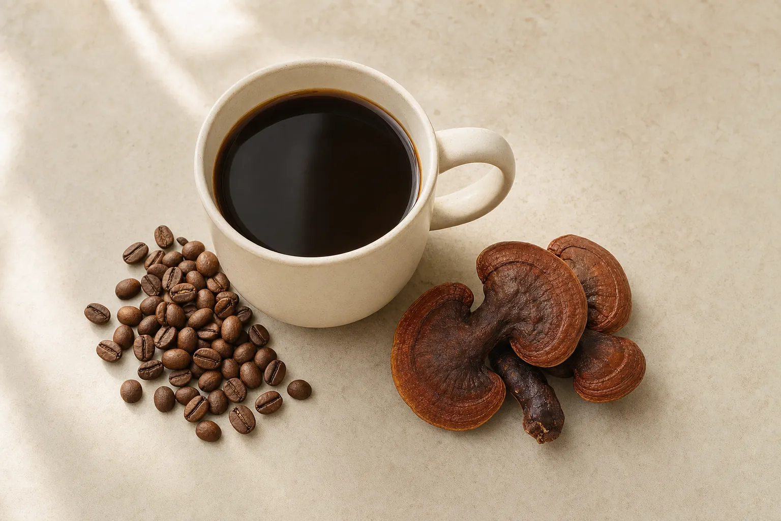 Black coffee with coffee beans and dried reishi mushrooms