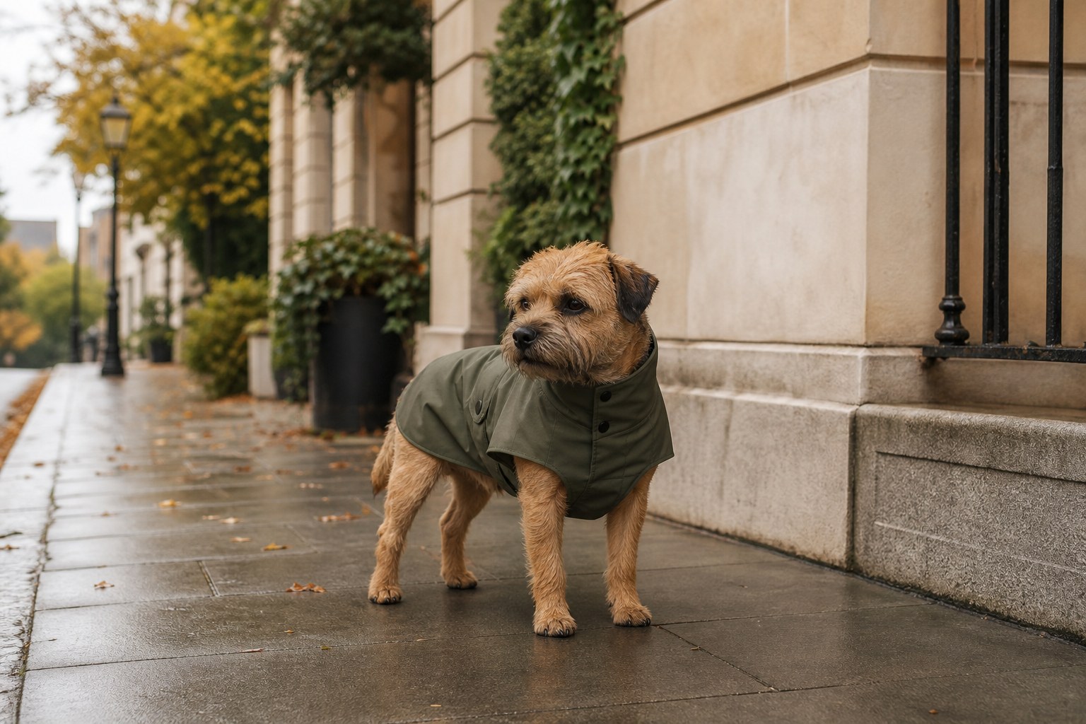 A small dog in an olive raincoat on a wet pavement