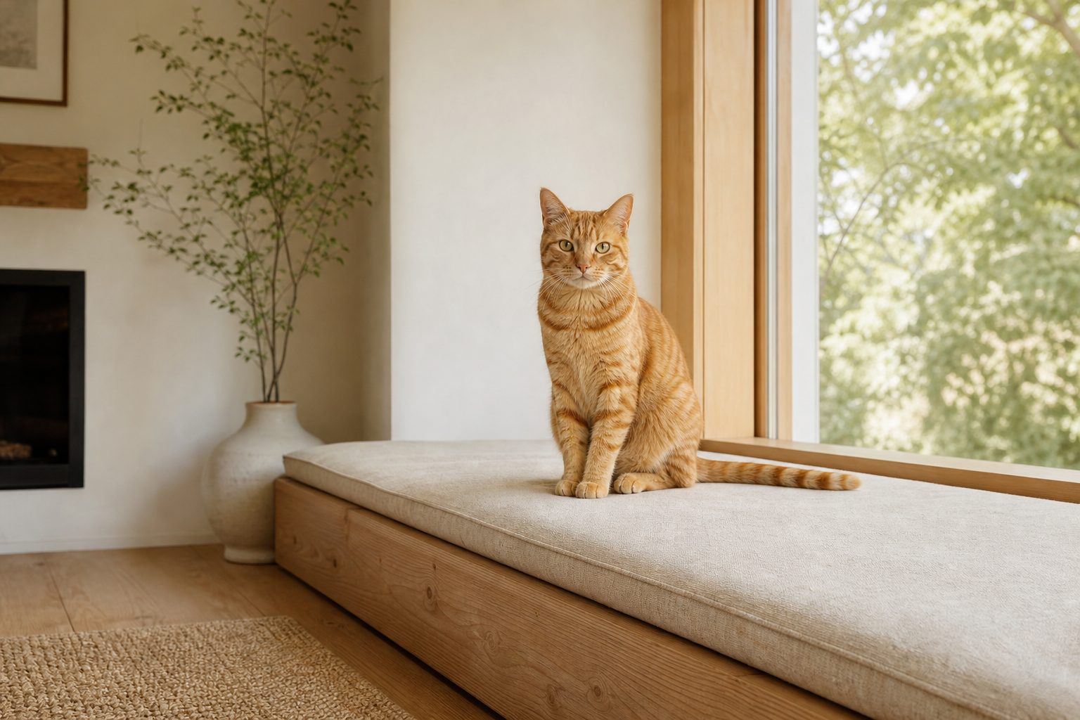 An orange tabby cat sitting on a linen window seat