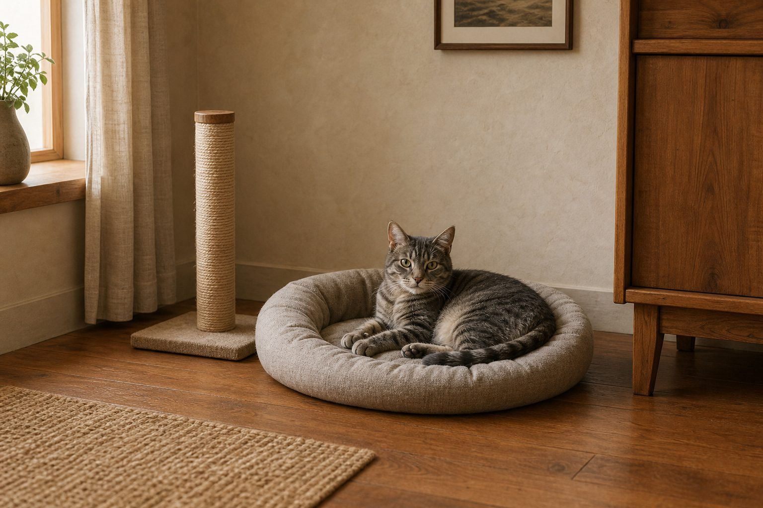 A tabby cat near a bed and scratching post in a quiet home corner