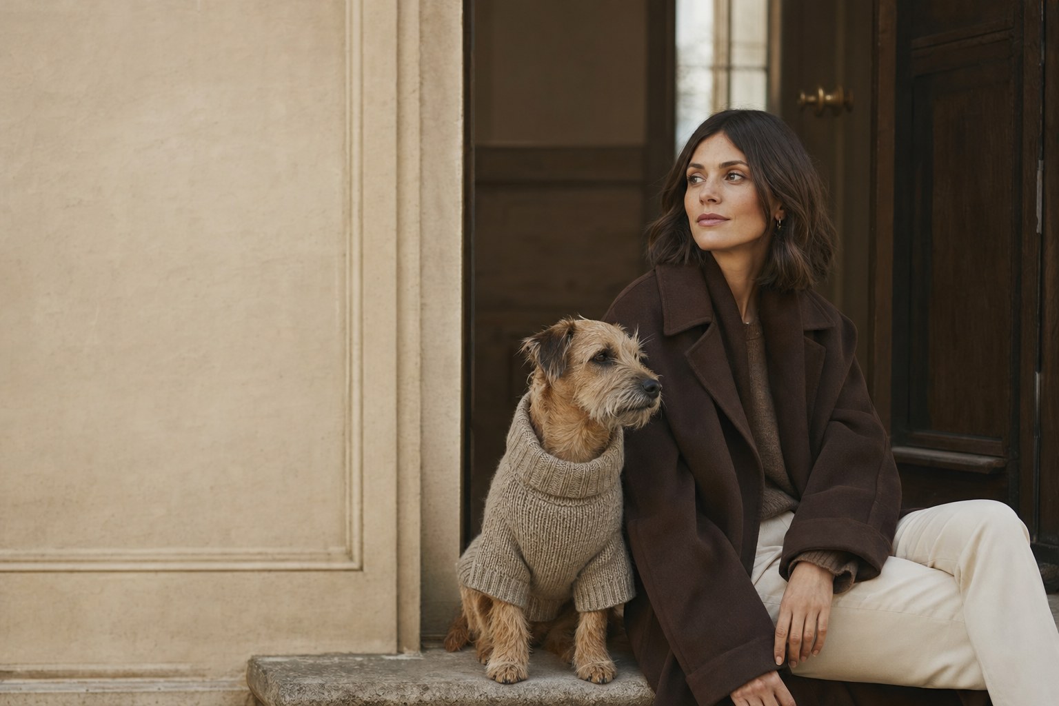 Pet parent sitting with a terrier in a warm knit sweater