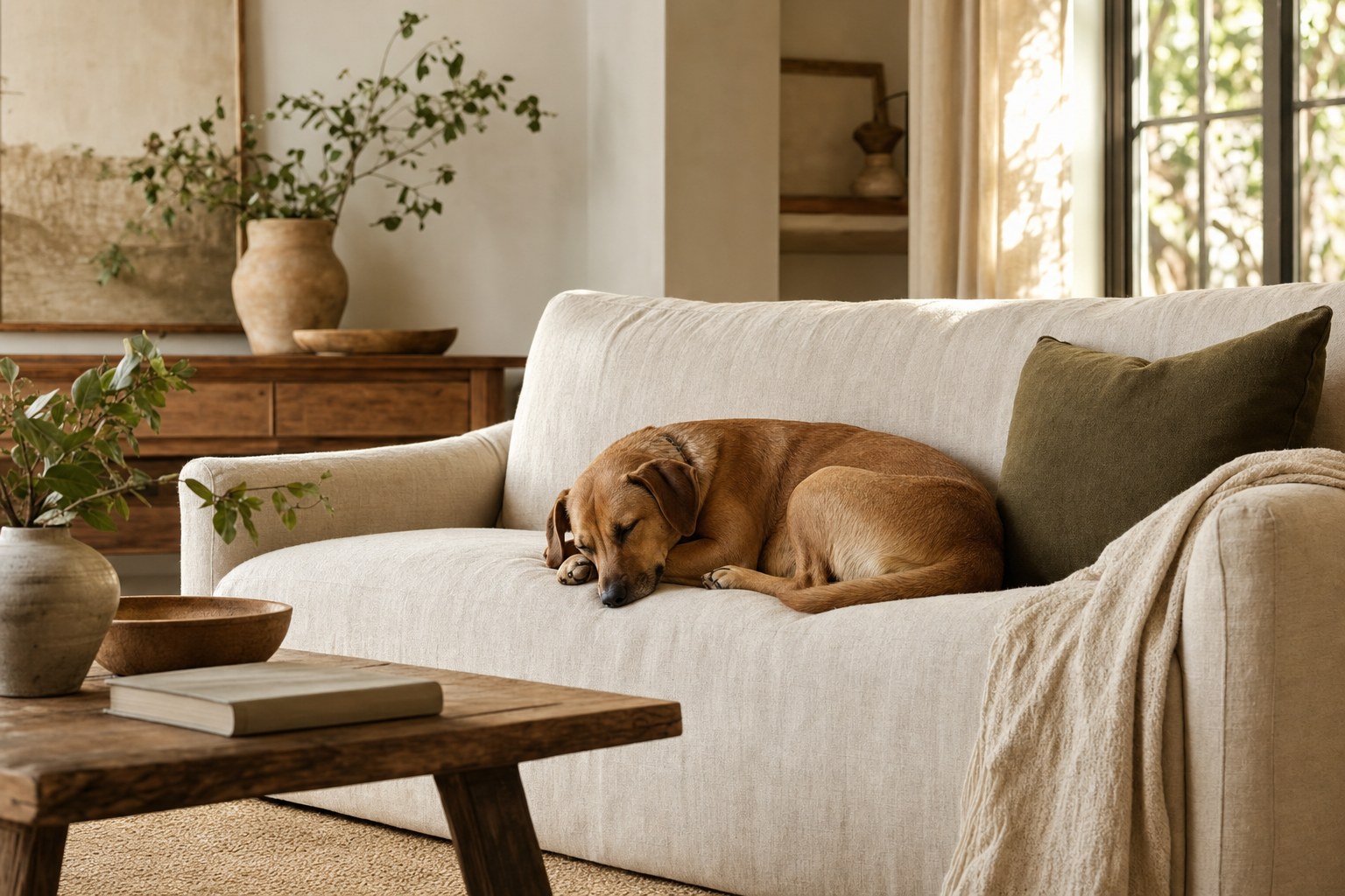 A calm dog resting in a sunlit living room