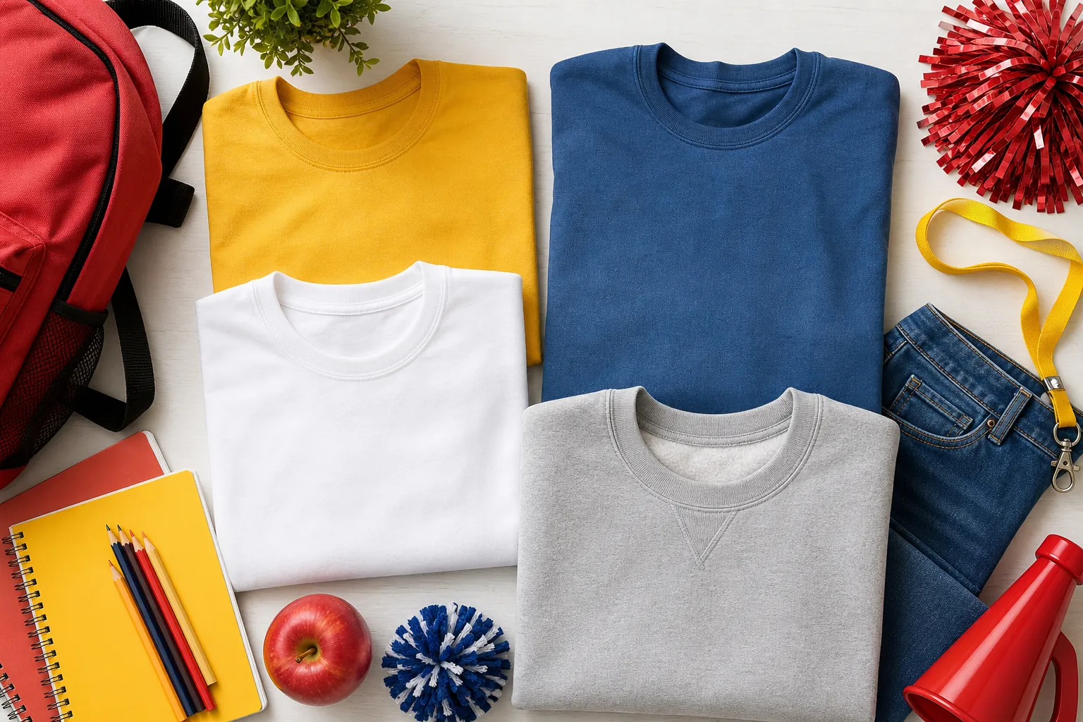 Folded shirts, notebooks, pencils, and school spirit accessories arranged for back-to-school apparel planning
