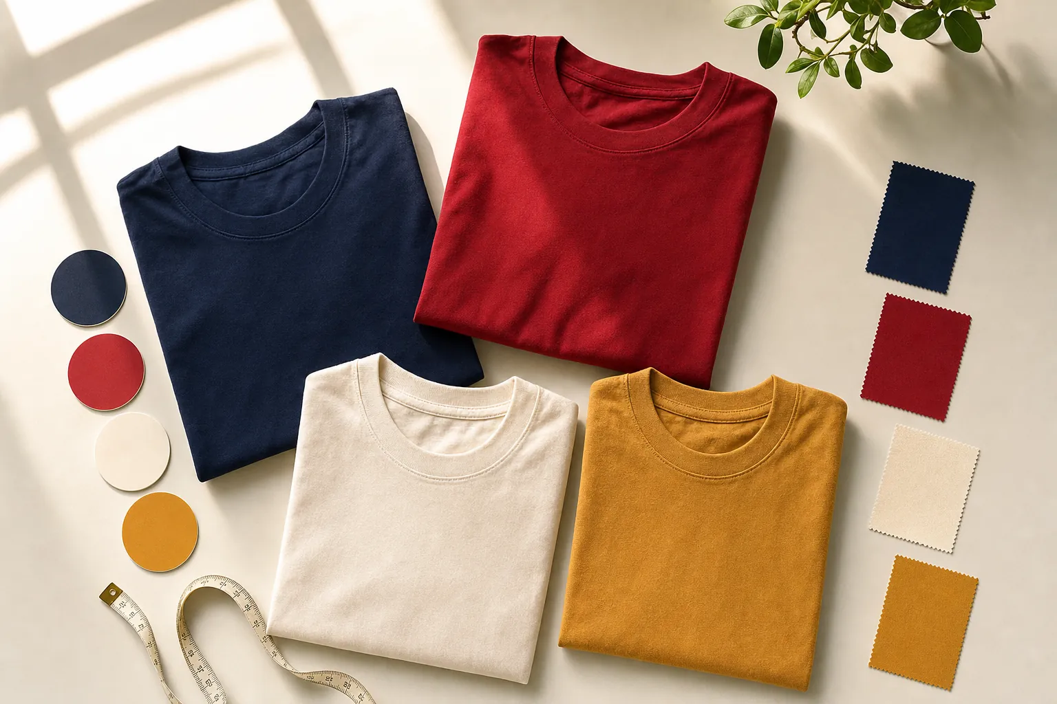 Folded navy, red, cream, and gold shirts arranged with fabric swatches and color chips