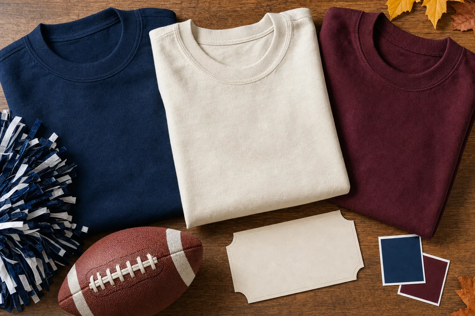 Folded navy, cream, and burgundy shirts with a football, pom-pom, color cards, and a blank event ticket