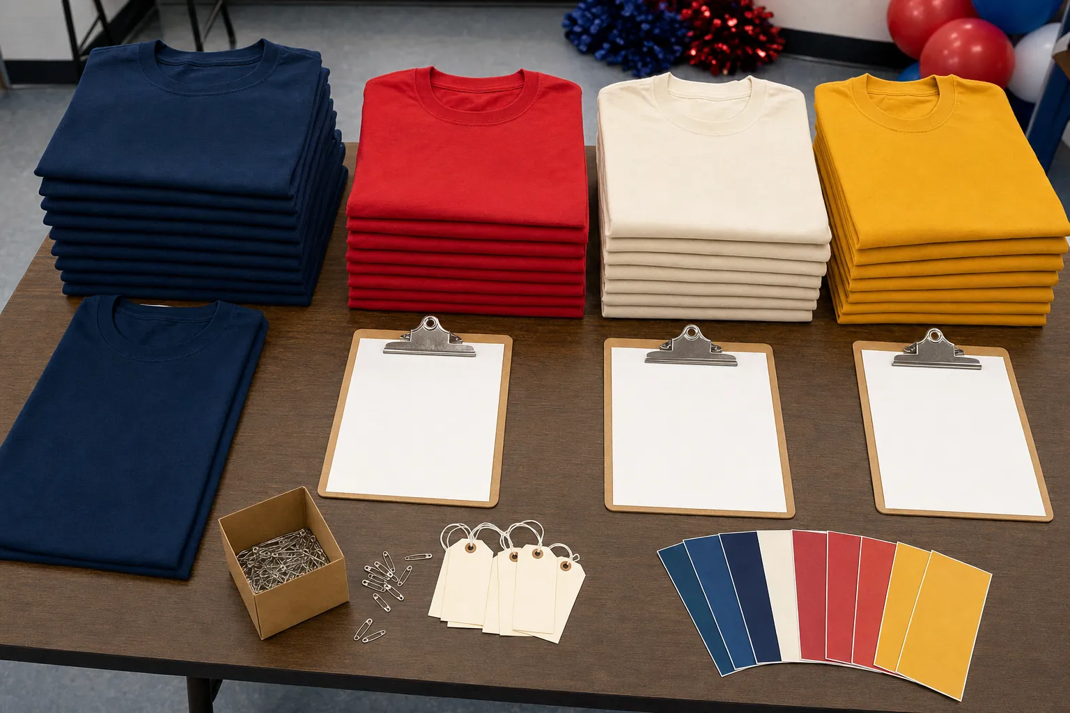 Stacks of folded navy, red, cream, and gold shirts beside blank group-order clipboards and color cards