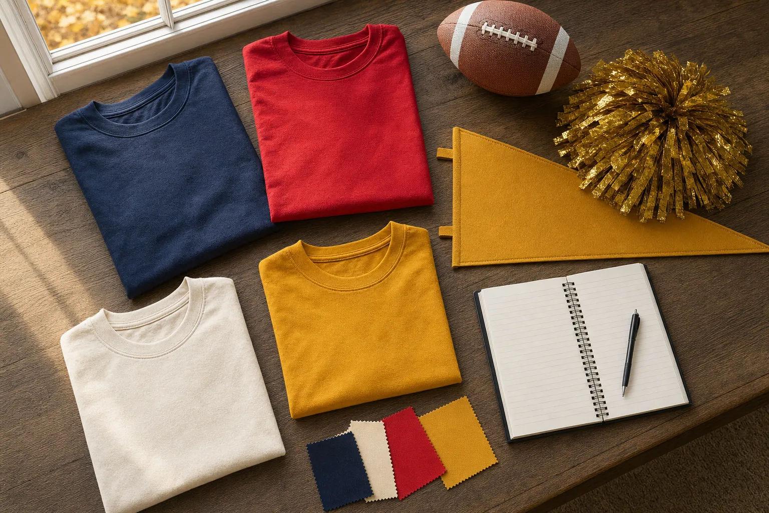 Folded navy, red, cream, and gold shirts with a football, pom-pom, pennant, and color swatches for homecoming planning