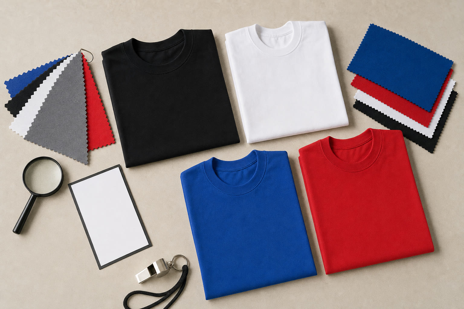 Folded black, white, royal blue, and red shirts beside fabric swatches, a whistle, magnifying glass, and a blank layout card