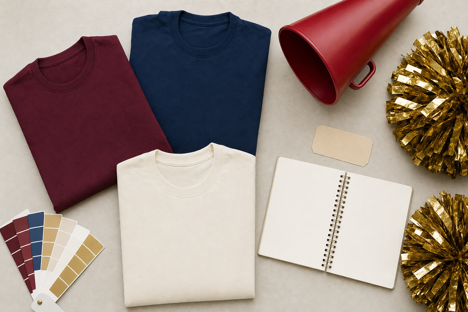 Folded burgundy, navy, and cream shirts with a red megaphone, gold pom-poms, color cards, and a blank planning notebook