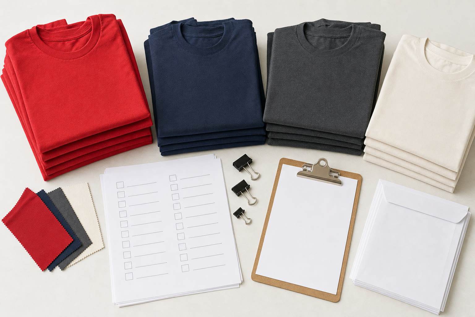 Stacks of red, navy, charcoal, and cream shirts with blank checklists, fabric swatches, binder clips, and envelopes for a group order