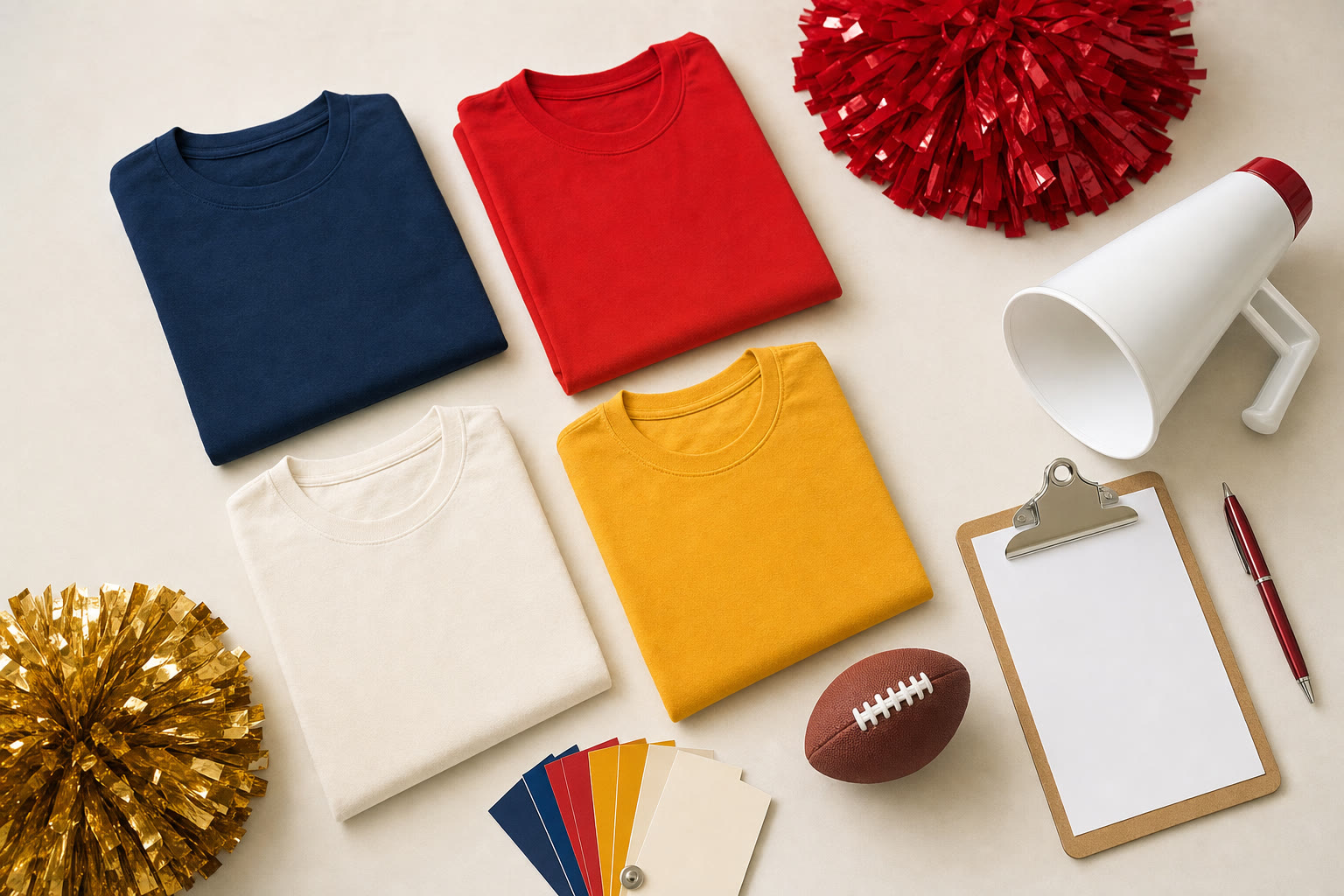 Folded navy, red, cream, and gold shirts with pom-poms, a megaphone, football, color swatches, and a blank planning clipboard