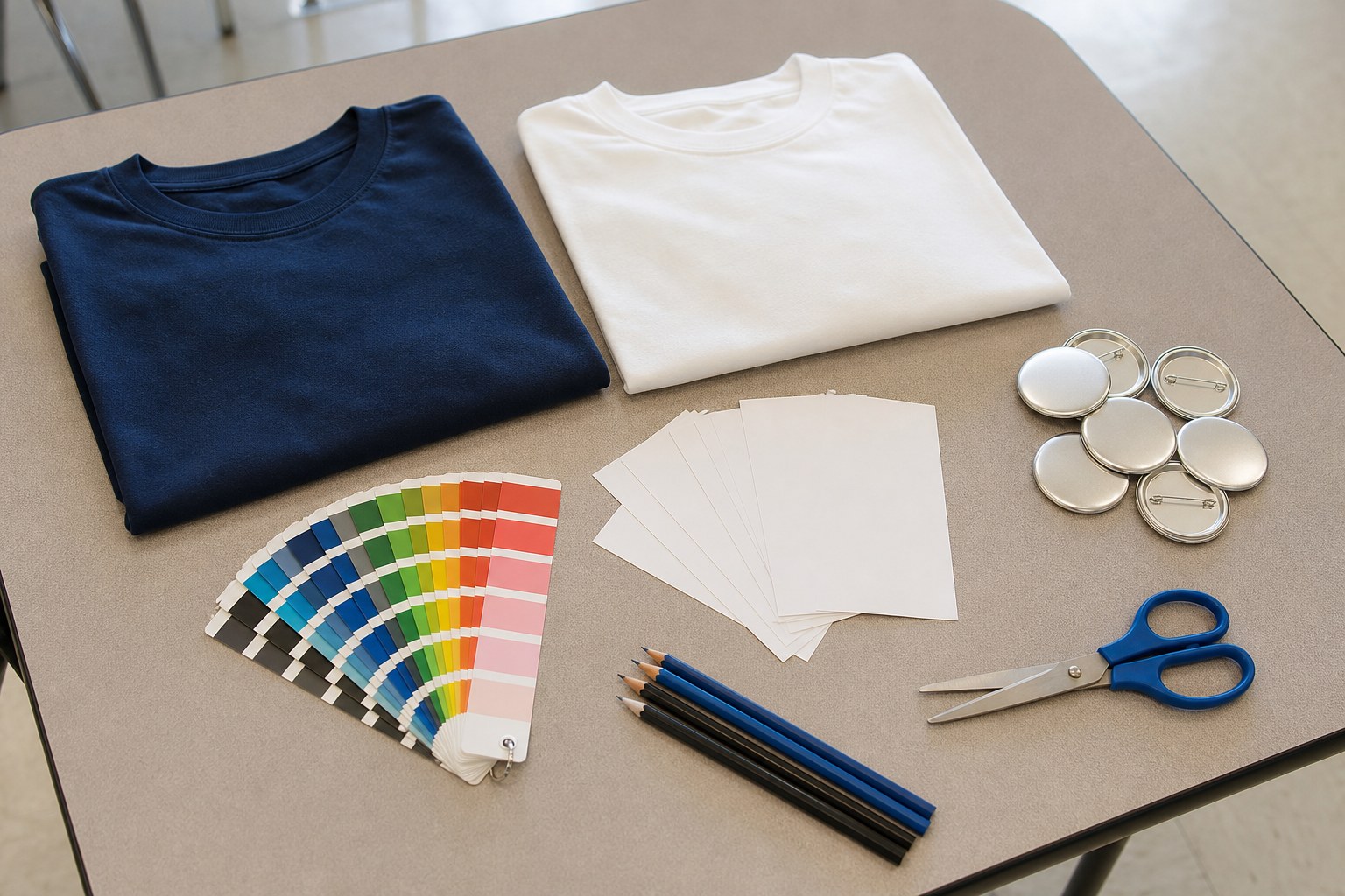 Blank navy and cream shirts with color swatches and design-planning supplies for a school club