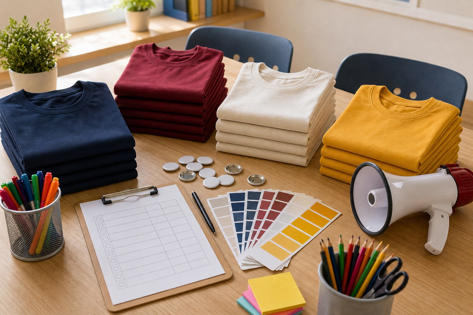 Folded navy, burgundy, cream, and gold shirts with blank planning supplies for a school club order