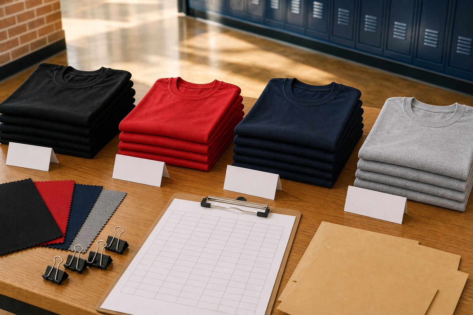 Stacks of blank club shirts with a size grid and color swatches in a school hallway