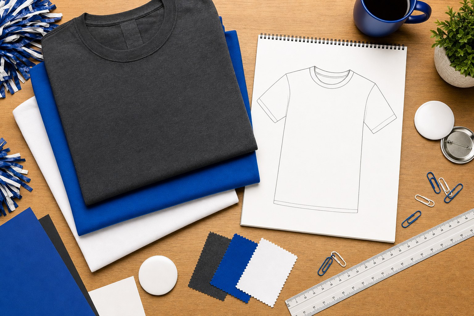 Folded charcoal, blue, and white shirts beside a shirt sketch, fabric swatches, and fundraiser planning supplies