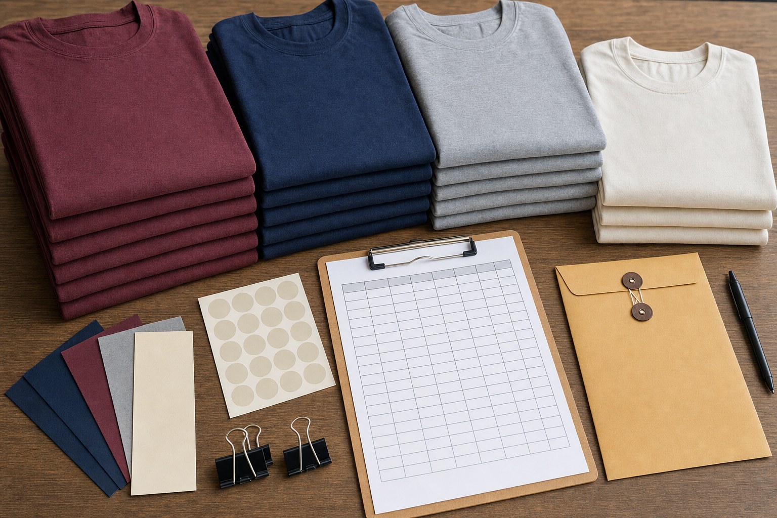 Stacks of burgundy, navy, gray, and cream shirts with an order checklist, size stickers, and color samples