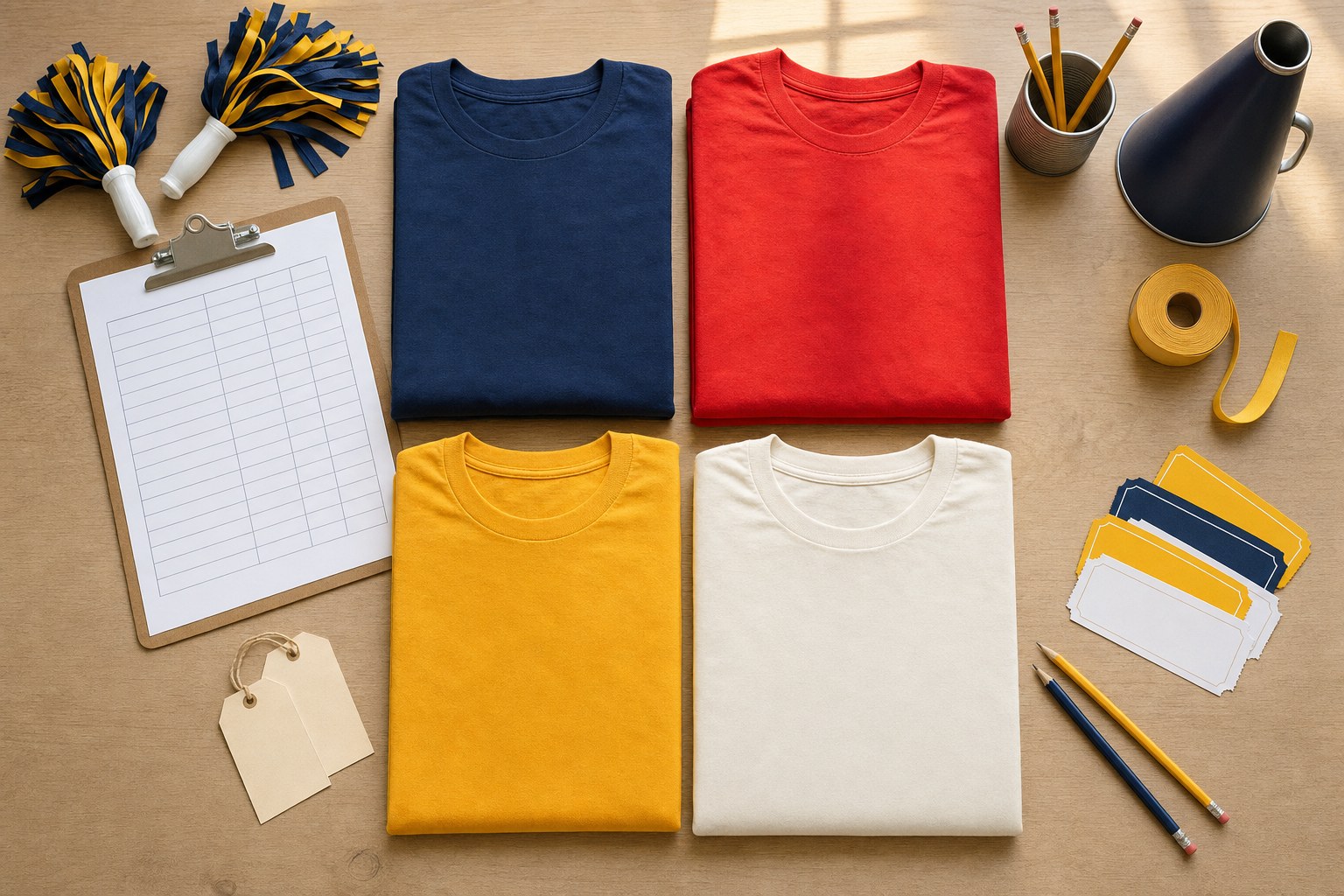 Navy, red, gold, and cream folded shirts with fundraiser planning supplies and school spirit accessories