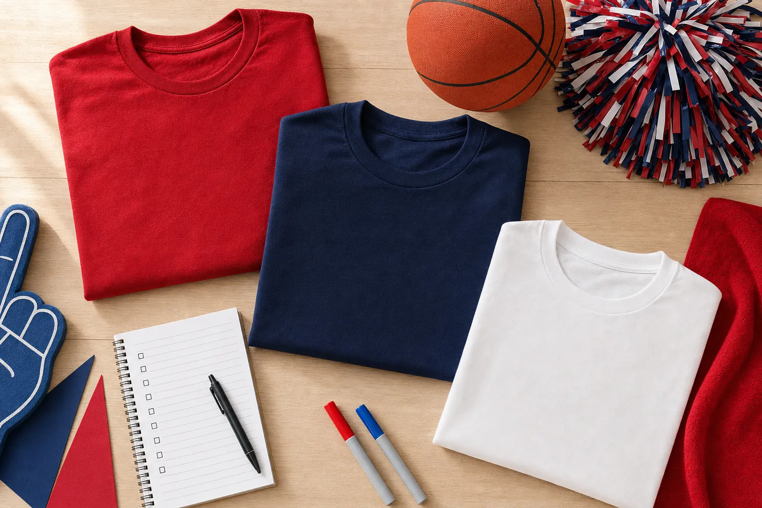 Red, navy, and white blank spirit shirts with a basketball, pom-poms, pennants, and order-planning notes