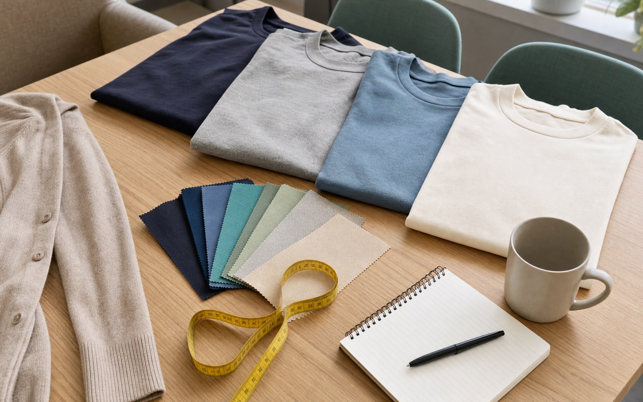 Neutral staff shirts, a cardigan, fabric swatches, measuring tape, and notebook arranged for comfort planning