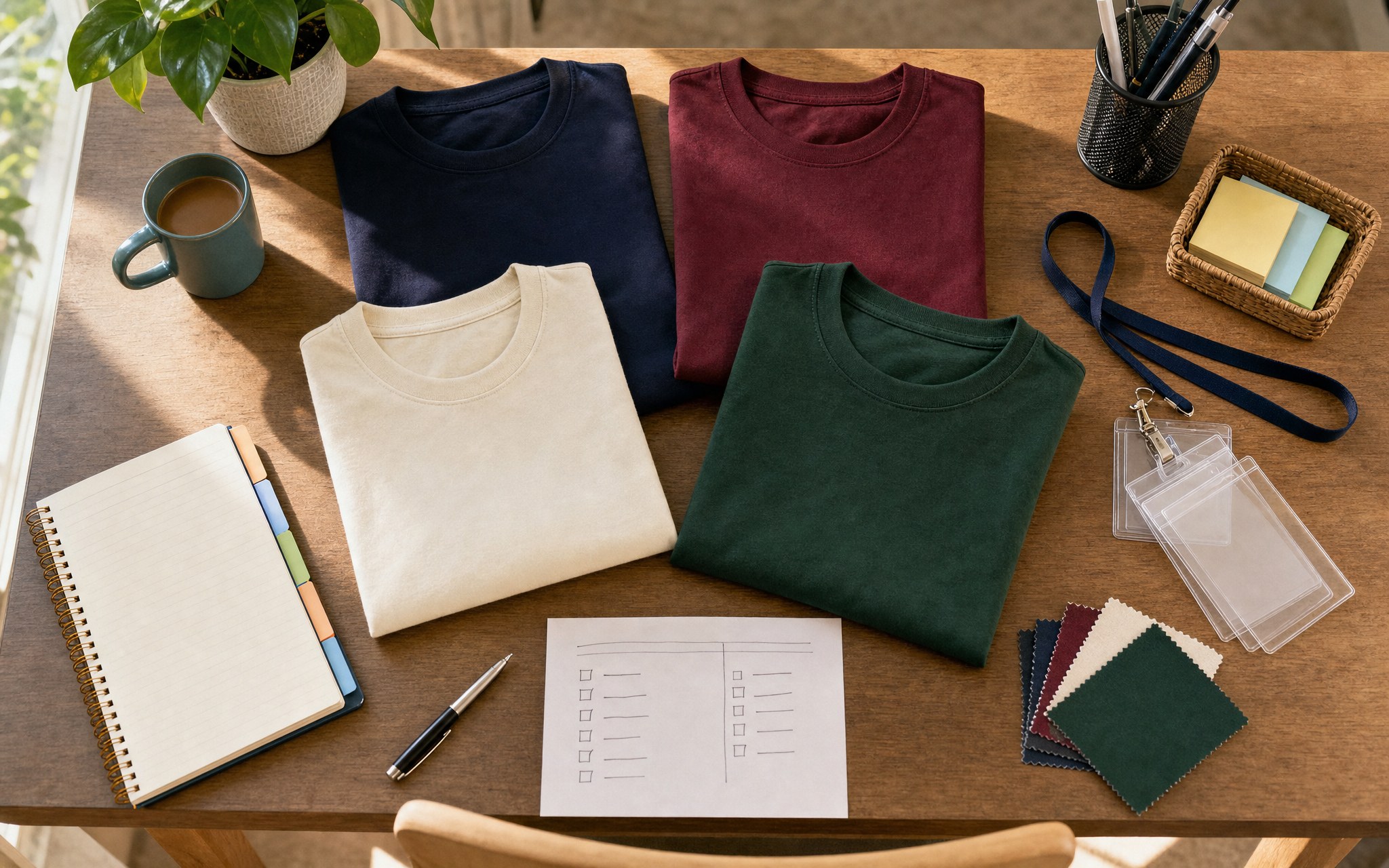 Folded navy, burgundy, cream, and green staff shirts arranged with lanyards, planning notes, and fabric swatches