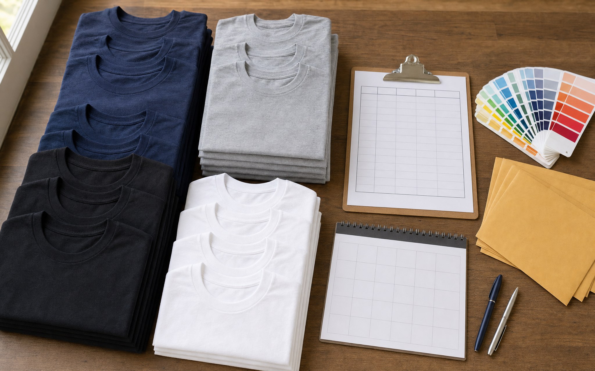 Stacks of plain navy, gray, black, and white shirts beside blank order grids, color cards, and envelopes