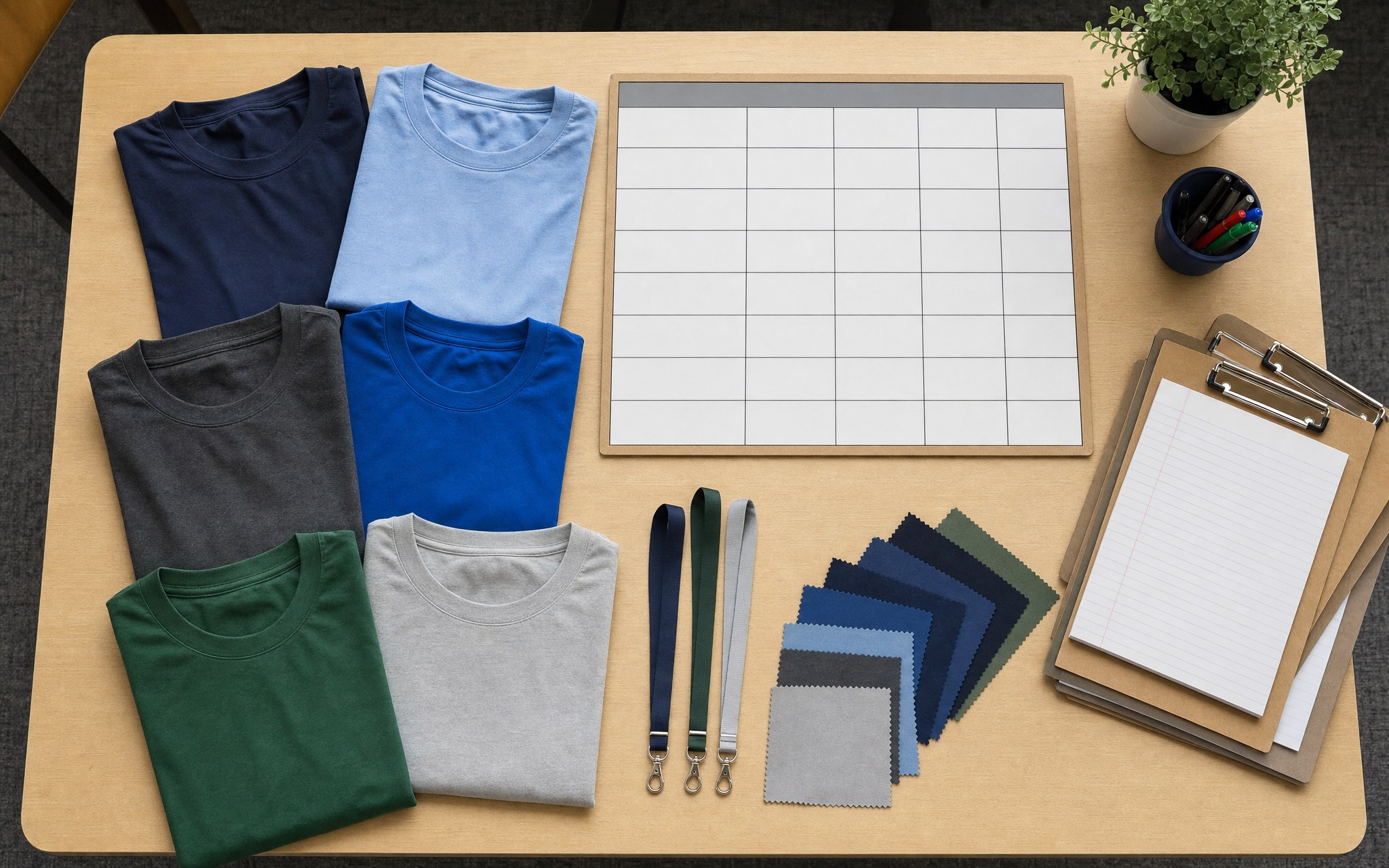 Folded staff shirts in assorted colors beside blank planning boards, lanyards, fabric swatches, and clipboards